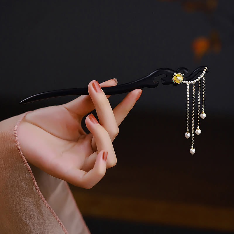 KarmaRipple's Ebony Wood Yellow Flower Pearl Tassels Hairpin p1