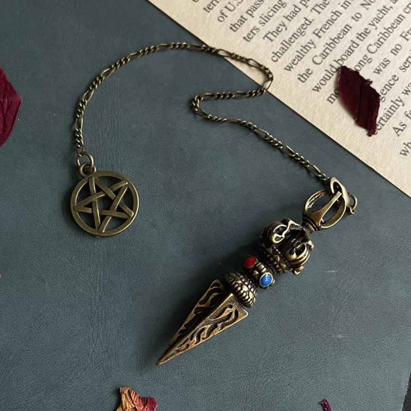 KarmaRipple's Pentagram Eye of God Feather Hamsa Bronze Balancing Pendant Necklace Pendulum p1