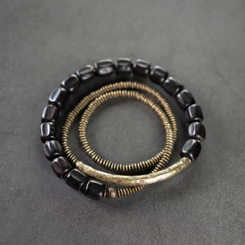 KarmaRipple's Vintage Peace Tibetan Ebony Wood Beadwork Bronze Multilayered Balancing Bracelet p1