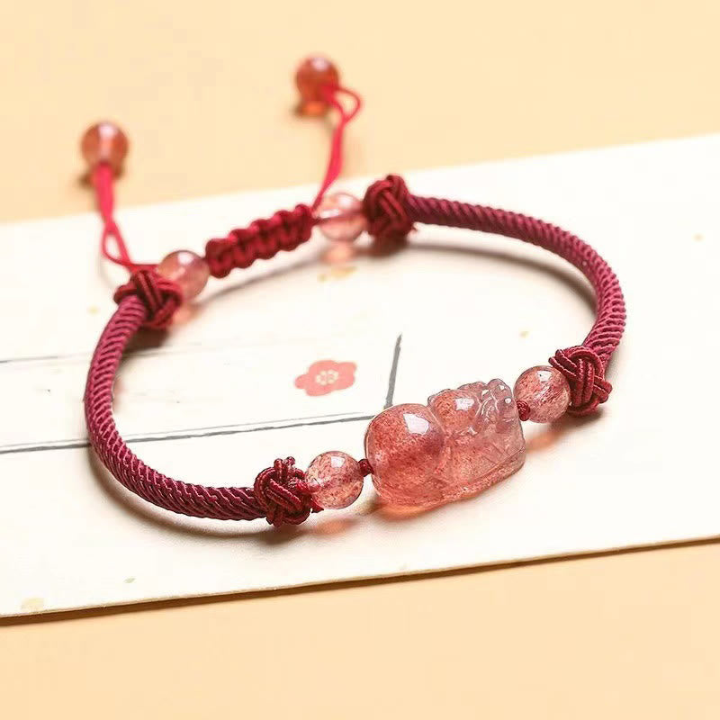 KarmaRipple's Authentic Strawberry Quartz PiXiu Red String Woven Protection Bracelet p1
