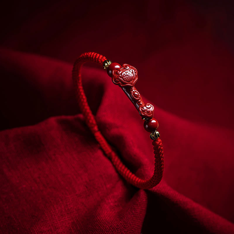 KarmaRipple's Handmade Cinnabar Ruyi Handle Fu Character PiXiu Blessing Red String Woven Bracelet p1