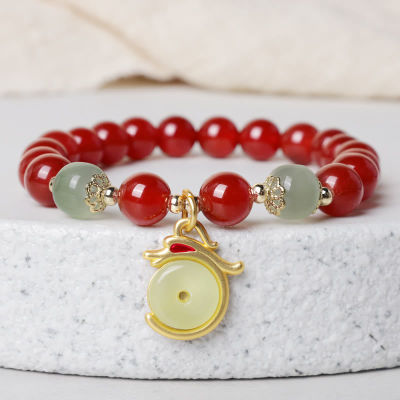 KarmaRipple's Year of the Dragon Red Agate Jade Peace Buckle Fu Character Success Bracelet p1