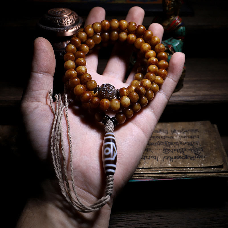 KarmaRipple's Tibet 108 Mala Beadwork Yak Bone Three-eyed Dzi Bead Keep Away Evil Spirits Bracelet p1