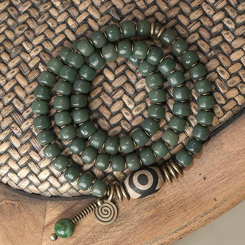 KarmaRipple's Cyan Bodhi Seed Dzi Bead Wisdom Peace Triple Wrap Bracelet p1