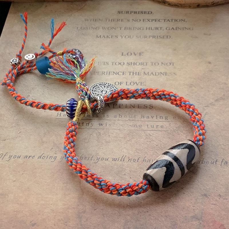 KarmaRipple's Tibetan 925 Sterling Silver Om Mani Padme Hum Handmade Dzi Bead Protection Braid Bracelet p1