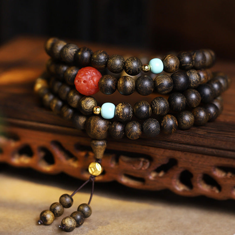 KarmaRipple's 108 Mala Beadwork Agarwood Red Agate Turquoise Peace Meditation Bracelet p1