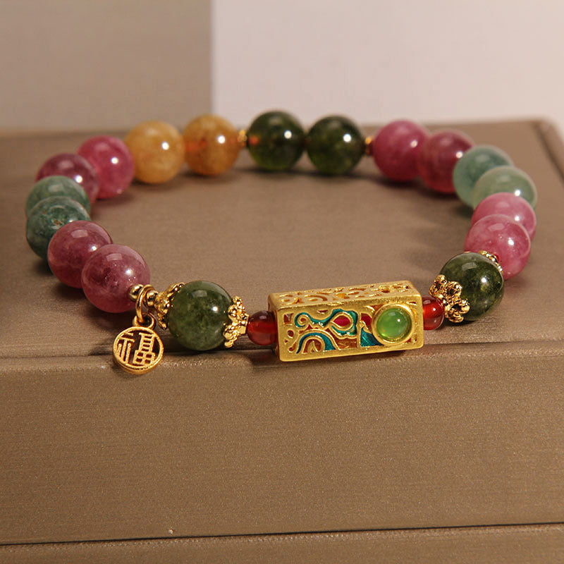 KarmaRipple's Colorful Tourmaline Positive Fu Character Talisman Bracelet p1