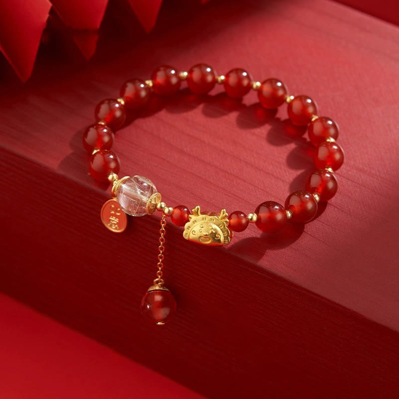 KarmaRipple's Year of the Dragon Dumpling Authentic Red Agate Garnet Hetian Jade Fu Character Fortune Success Bracelet p1
