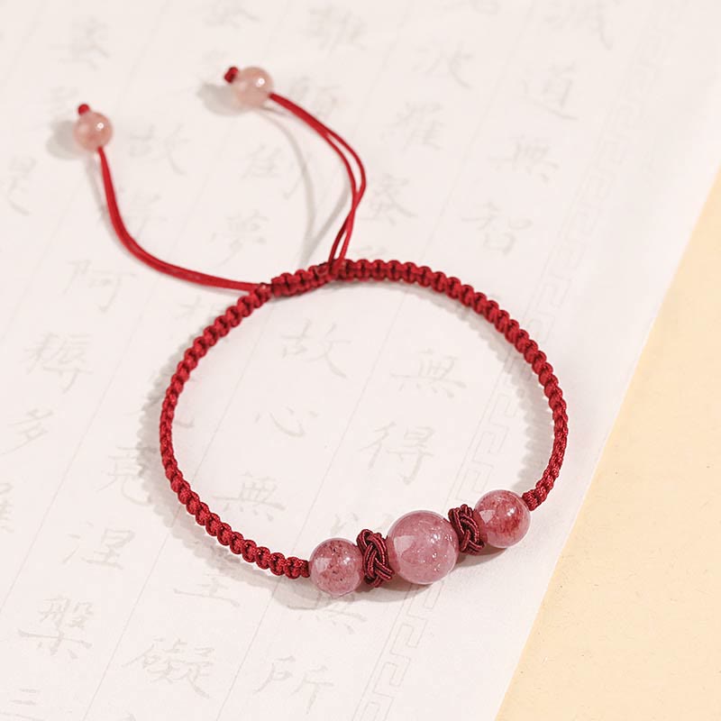 KarmaRipple's Authentic Strawberry Quartz Gemstone Love Red String Weave Bracelet Anklet p1