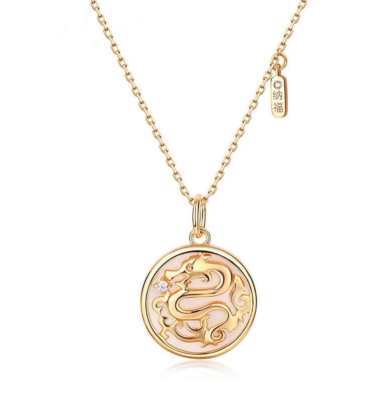 KarmaRipple's ???A Flash Sale- 925 Sterling Silver Tridacna Stone Year of the Dragon Fu Character Fortune Strength Pendant Necklace p1