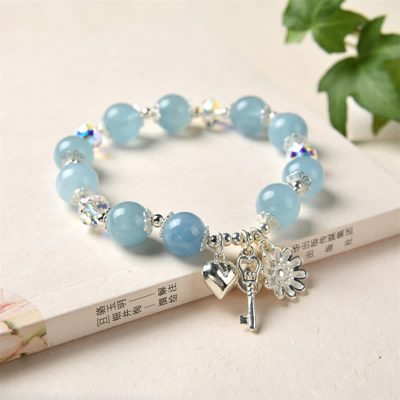 KarmaRipple's 925 Sterling Silver Authentic Aquamarine Serenity Flower Love Key Talisman Bracelet p1