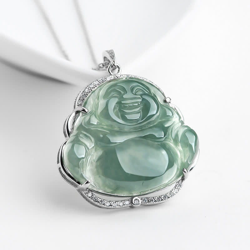 KarmaRipple's 925 Sterling Silver Laughing Buddha Authentic Jade Fortune Pendant Chain Necklace p1