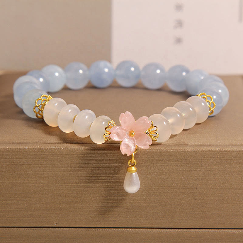 KarmaRipple's Aquamarine Ivory Agate Pearl Abacus Beadwork Flower Balancing Bracelet p1