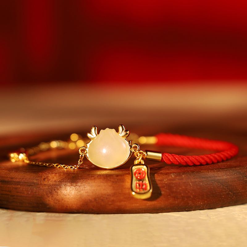KarmaRipple's 925 Sterling Silver Year Of The Dragon Hetian Ivory Jade Chinese Steamed Bun Dragon Design Fortune Blessing Bracelet p1