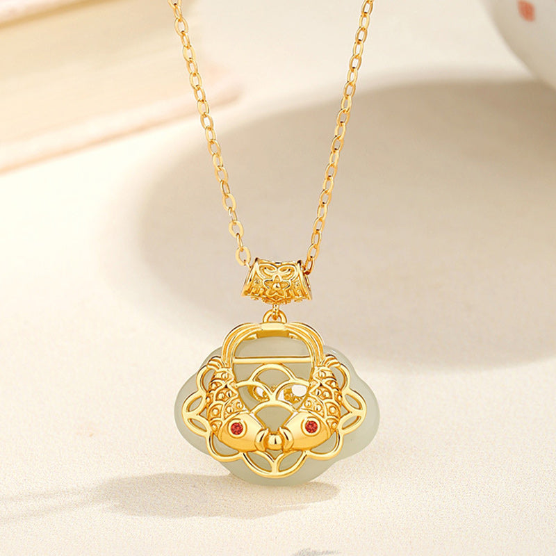 KarmaRipple's 925 Sterling Silver Authentic Hetian Jade Koi Fish Wealth Pendant Necklace p1