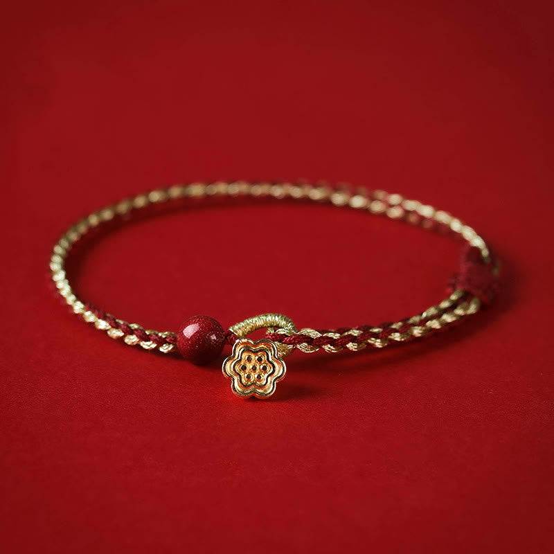 KarmaRipple's Handmade 925 Sterling Silver Lotus Cinnabar Gold Bead Blessing Braid Bracelet p1