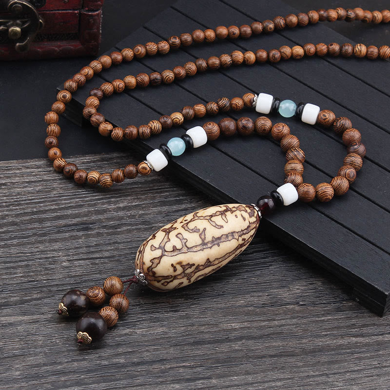 KarmaRipple's Tibetan Wenge Wood Bodhi Seed Agate Balance Peace Pendant Necklace p1