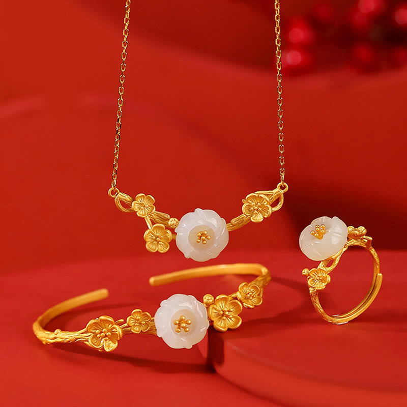 KarmaRipple's 925 Sterling Silver Plated Gold Hetian Jade Plum Blossom Fortune Pendant Necklace Bracelet Bangle Ring p1
