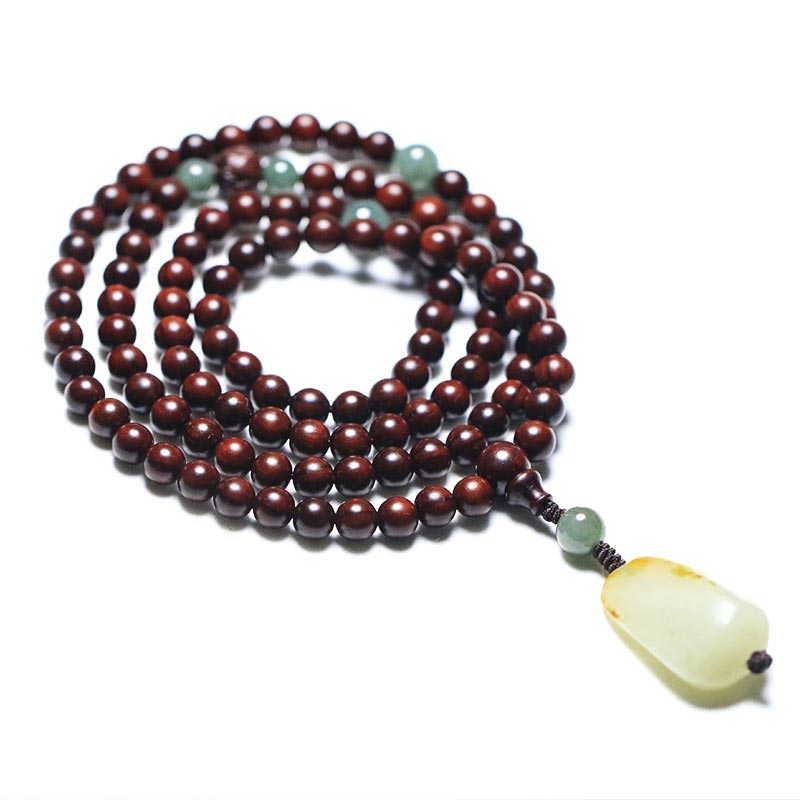 KarmaRipple's Tibetan Small Leaf Red Sandalwood Jade Mala Meditation Bracelet p1