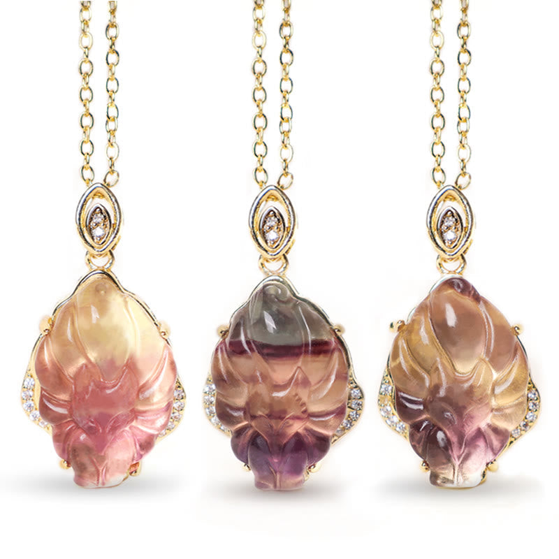 KarmaRipple's Authentic Colorful Fluorite Nine Tailed Fox Protection Pendant Necklace p1