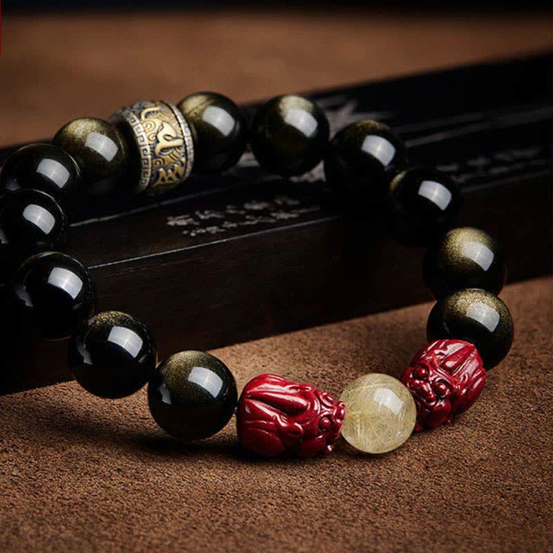 KarmaRipple's Gold Sheen Obsidian PiXiu Cinnabar Om Mani Padme Hum Protection Bracelet p9