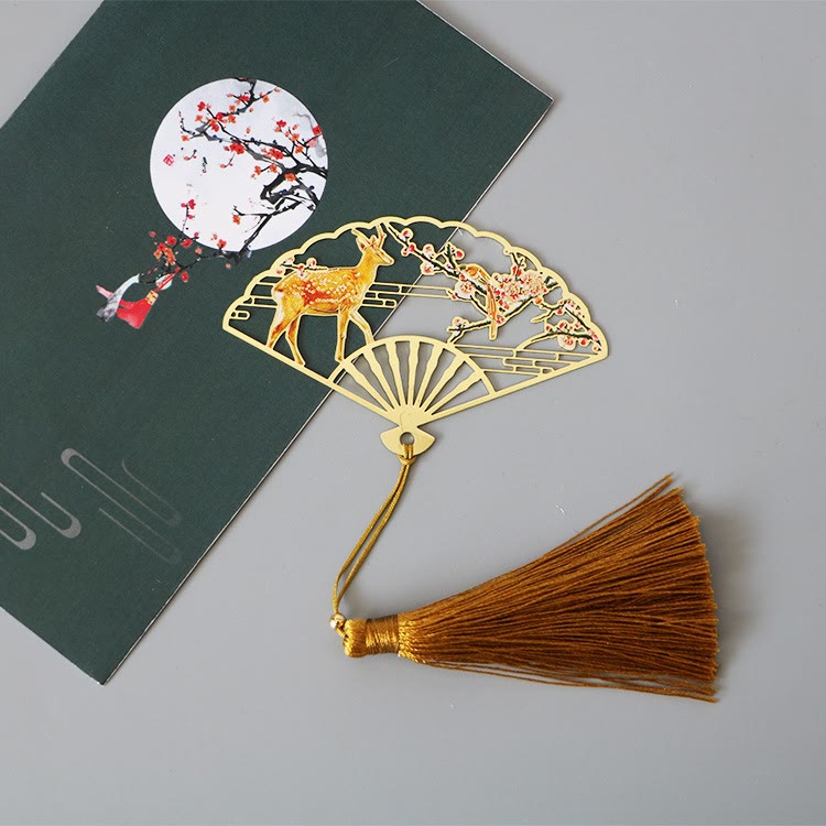 KarmaRipple's Traditional Butterfly Lotus Flower Crane Dragon Phoenix Fox Koi Fish New Beginning Metal Brass Hollow Fan Bookmarks p39