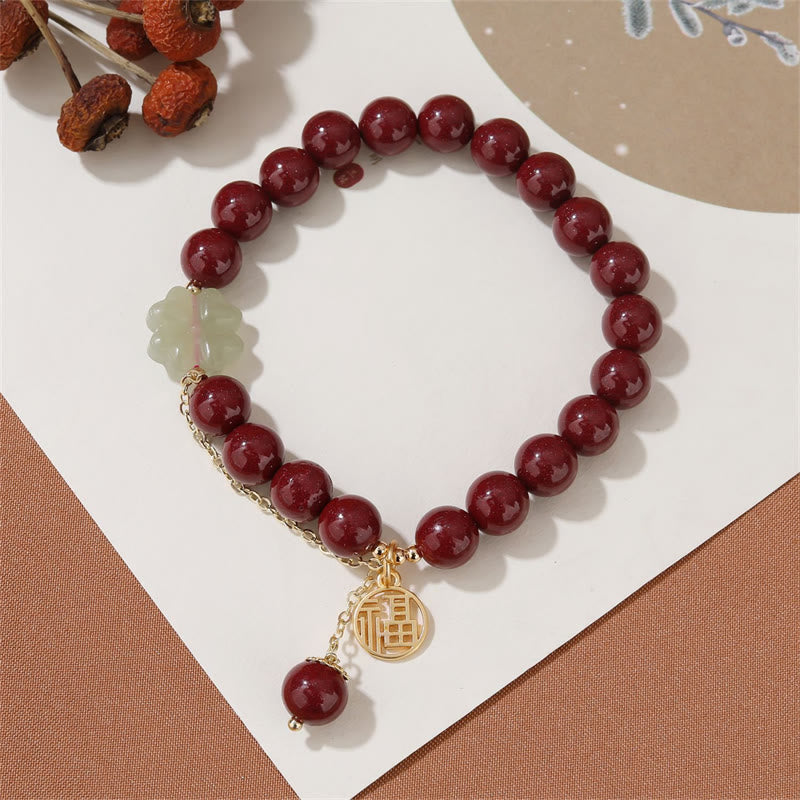 KarmaRipple's Cinnabar Fu Character Hetian Jade Fortunate Four Leaf Clover Blessing Bracelet p6