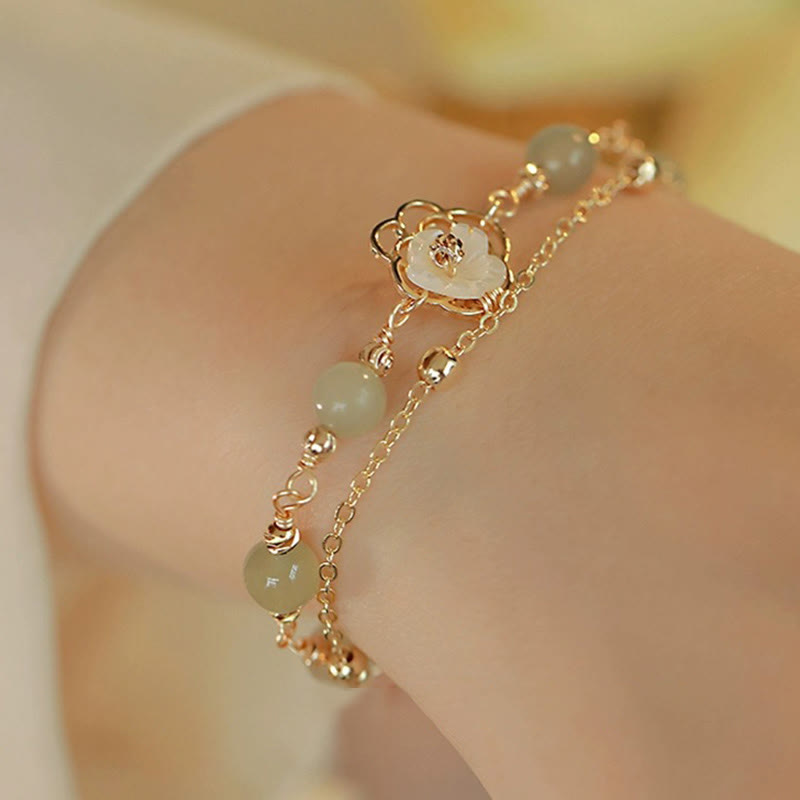 KarmaRipple's 14K Gold Plated Jade Butterfly Tridacna Stone Flower Double Layer Fortune Bracelet p16