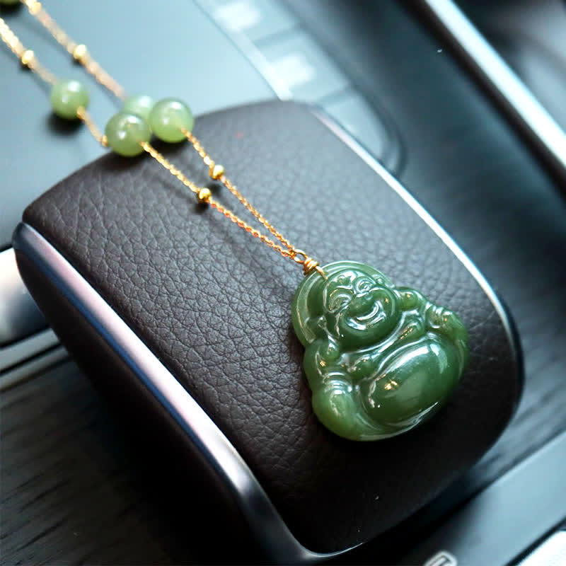KarmaRipple's Laughing Buddha Hetian Jade Fortune Pendant Bead Chain Necklace p2