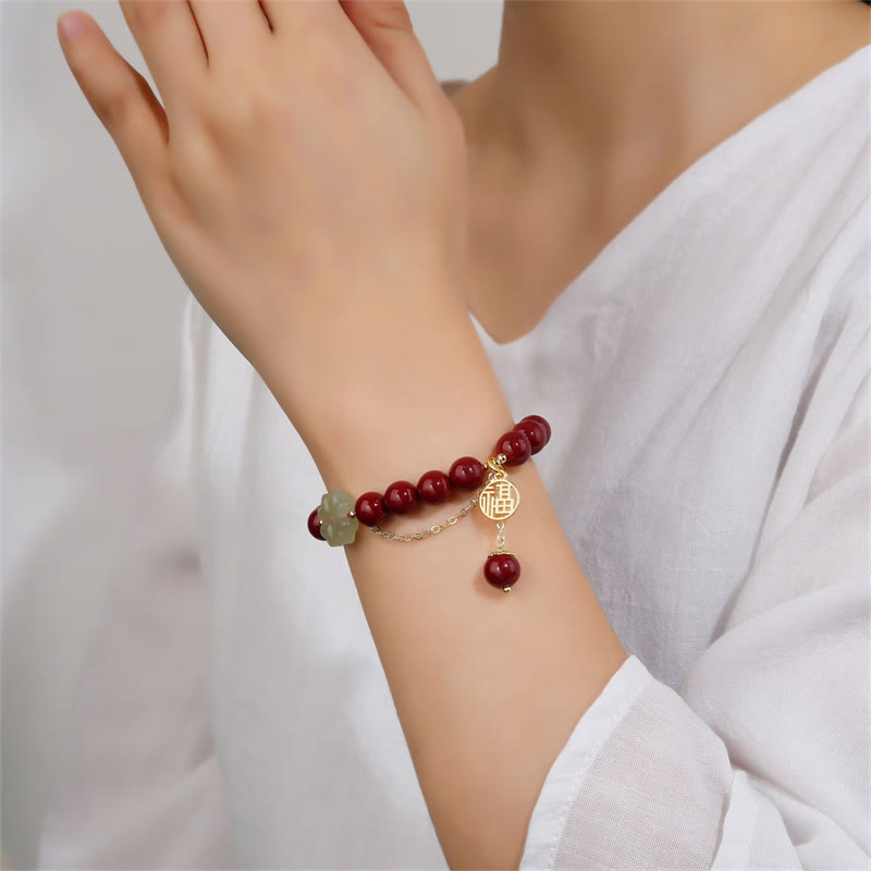 KarmaRipple's Cinnabar Fu Character Hetian Jade Fortunate Four Leaf Clover Blessing Bracelet p3