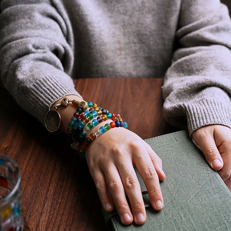 KarmaRipple's Tibetan 108 Mala Beadwork Multicolored Liuli Glass Bead Chinese Zodiac Nine Palaces Eight Diagrams Talisman Bracelet p17