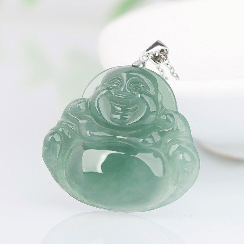 KarmaRipple's 925 Sterling Silver Laughing Buddha Jade Protection Calm Pendant Chain Necklace p2