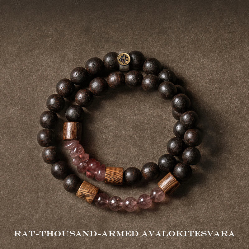 KarmaRipple's 925 Sterling Silver Chinese Zodiac Natal Buddha Agarwood Strawberry Quartz Peace Double Wrap Bracelet p28