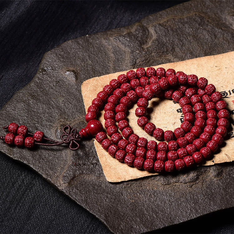 KarmaRipple's 108 Mala Beadwork Cinnabar Om Mani Padme Hum Pattern Engraved Blessing Bracelet p18