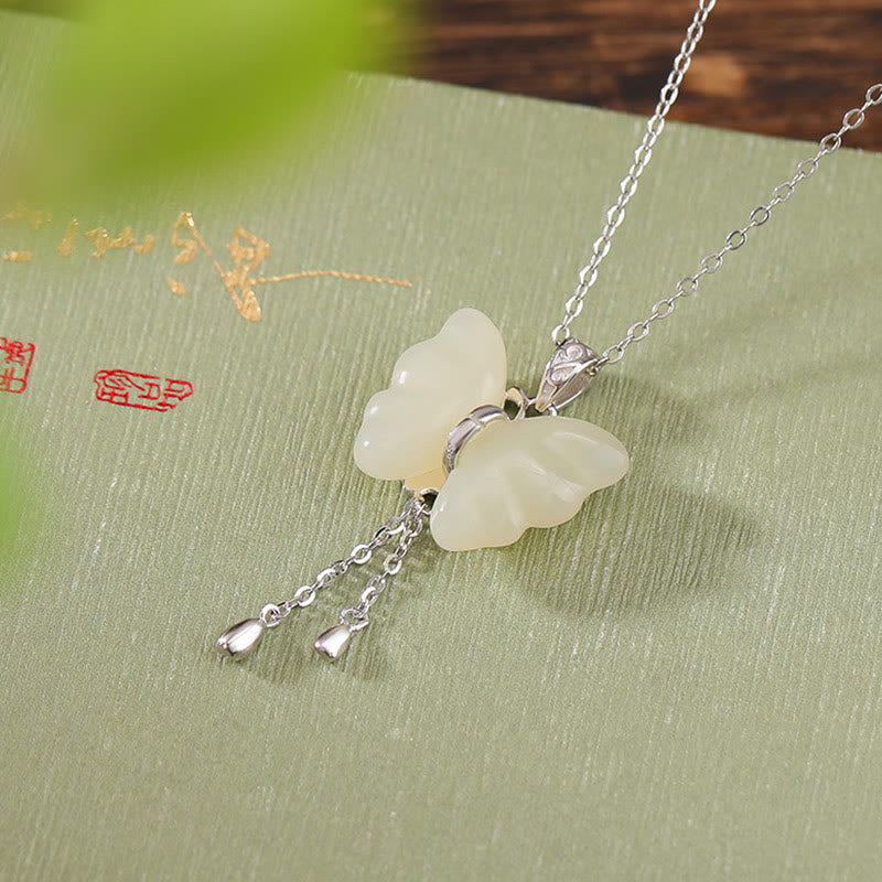 KarmaRipple's 925 Sterling Silver Plated Gold Hetian Ivory Jade Butterfly Blessing Pendant Necklace p16