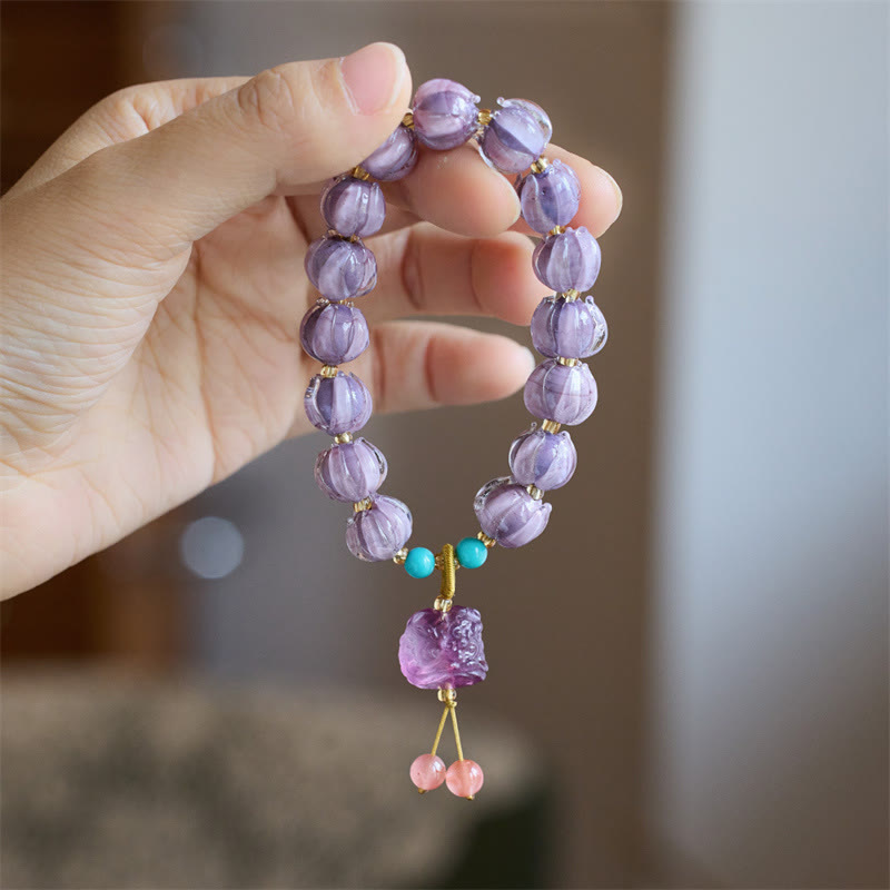 KarmaRipple's Liuli Glass Bead Lotus Design Fluorite Ivory Fruit Dancing Lion Talisman Enlightenment Bracelet p10