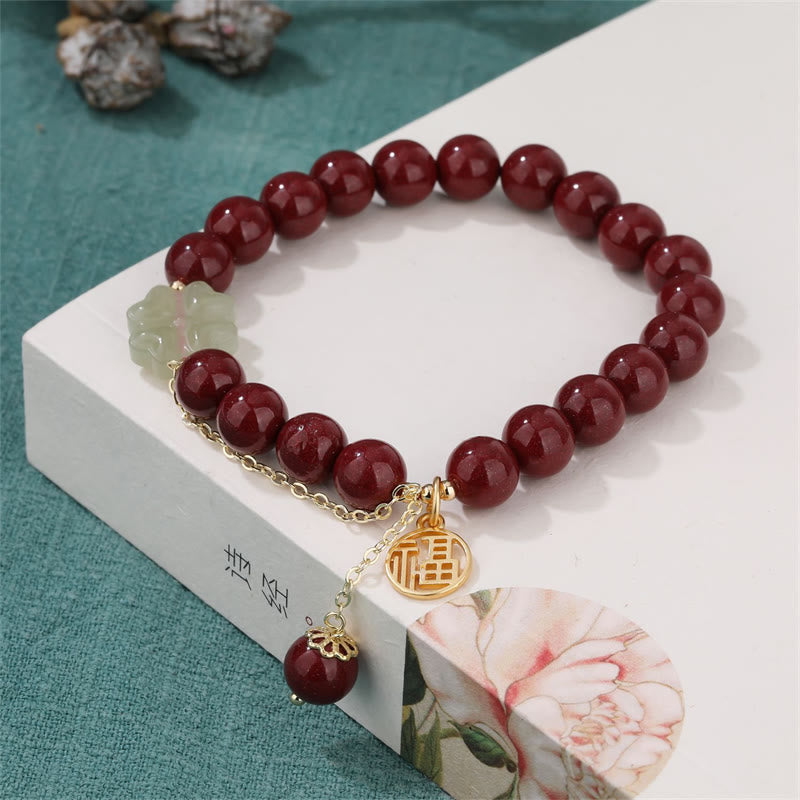 KarmaRipple's Cinnabar Fu Character Hetian Jade Fortunate Four Leaf Clover Blessing Bracelet p7