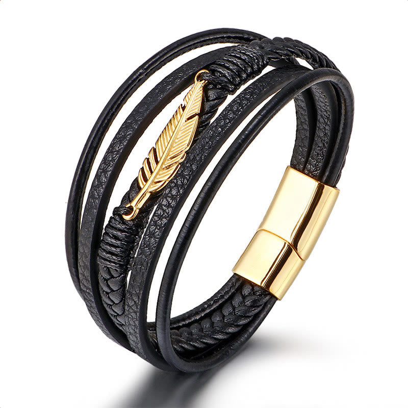 KarmaRipple's Feather Pattern Multilayer Leather Titanium Steel Calm Woven Magnetic Buckle Bracelet p1