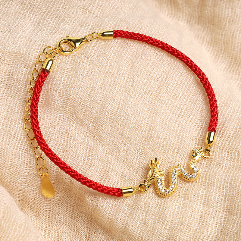 KarmaRipple's 925 Sterling Silver Year Of The Dragon Auspicious Golden Dragon Fortune Red Rope Chain Bracelet ( p5