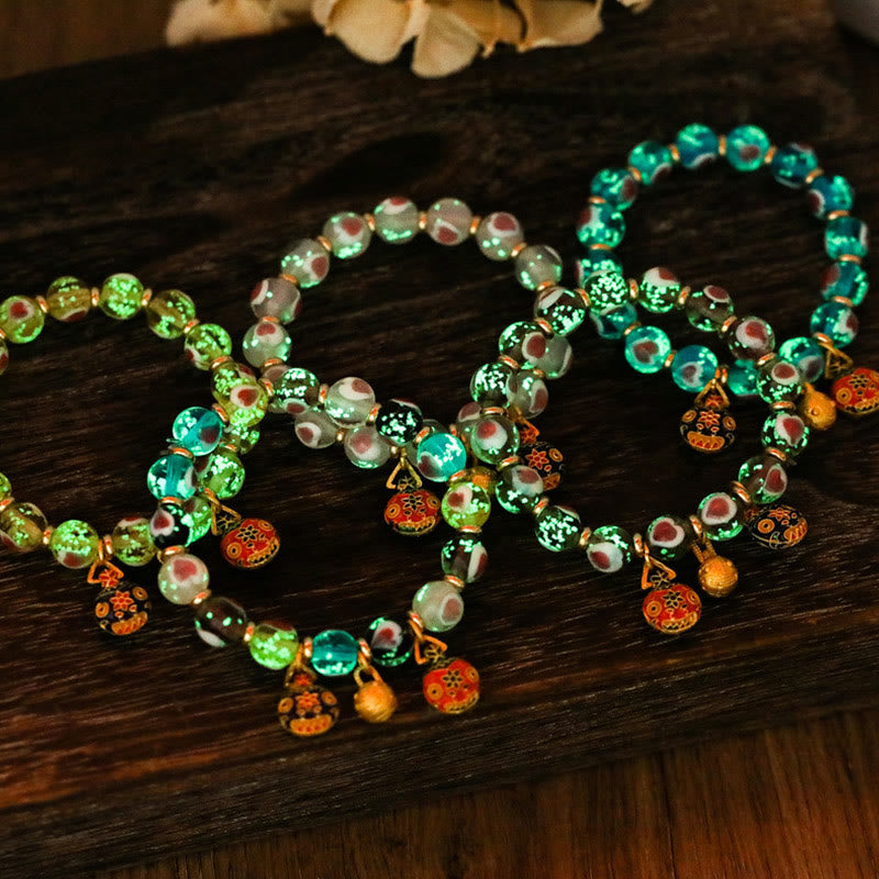 KarmaRipple's Gold Swallowing Beast Family Pink Love Heart Luminous Fluorescent Liuli Glass Bead Bracelet p22