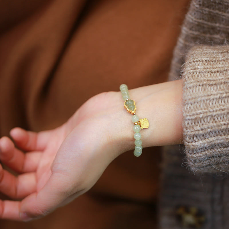 KarmaRipple's 925 Sterling Silver Plated Gold Authentic Hetian Jade Bead Gourd Lotus Bamboo Fu Character Fortune Bracelet p26