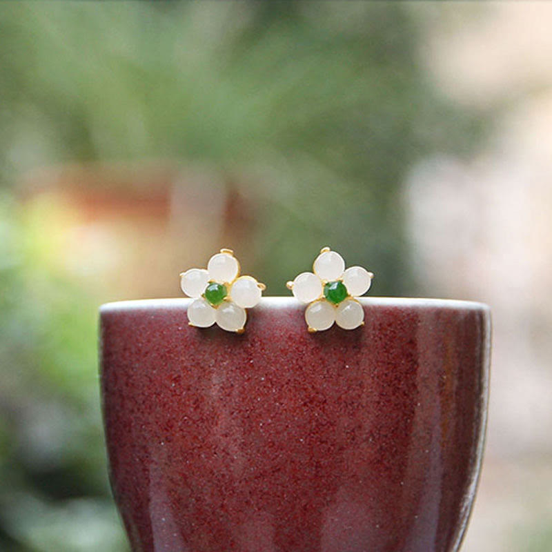 KarmaRipple's Ivory Jade Flower Fortune Blessing Stud Earrings p3