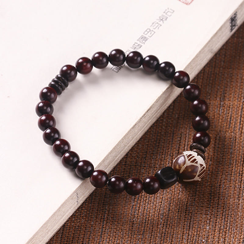 KarmaRipple's Small Leaf Red Sandalwood Lotus Bodhi Seed Carved Protection Double Wrap Bracelet p2