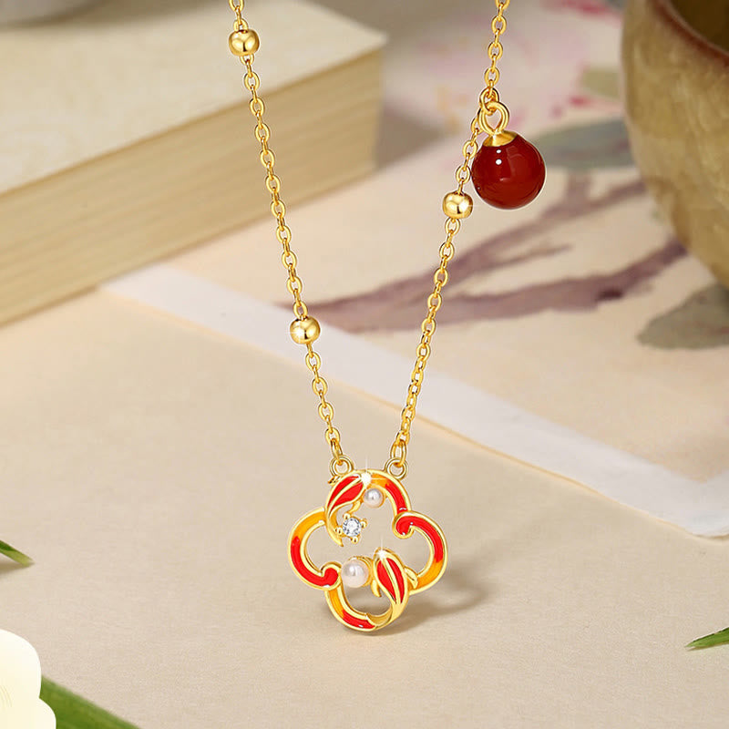 KarmaRipple's 925 Sterling Silver Four Leaf Clover Koi Fish Red Agate Pearl Wealth Bracelet Pendant Necklace Earrings Set p2