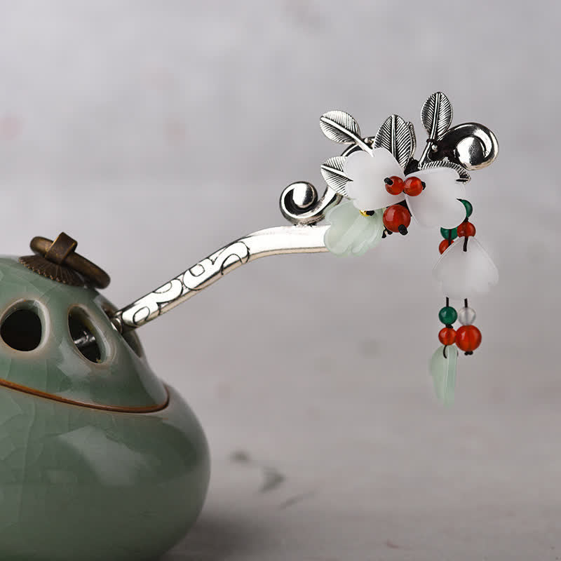 KarmaRipple's Red Agate Flower Leaf Calm Confidence Tassel Hairpin p9