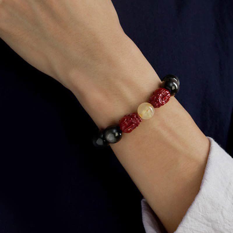 KarmaRipple's Gold Sheen Obsidian PiXiu Cinnabar Om Mani Padme Hum Protection Bracelet p3