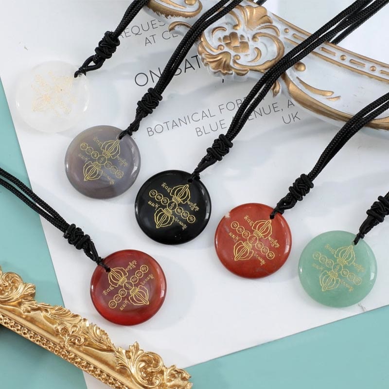 KarmaRipple's Vajra Dorje Sanskrit Pattern Authentic Various Gemstone Black Obsidian Fulfilment Pendant Necklace p34