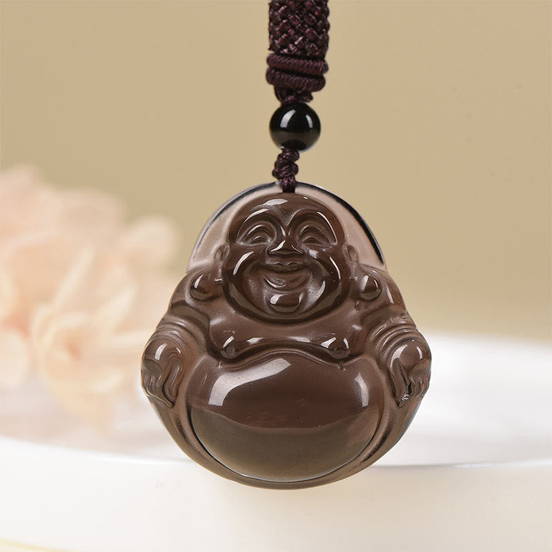 KarmaRipple's Authentic Black Obsidian Ice Obsidian Laughing Buddha Purification Pendant Necklace p21