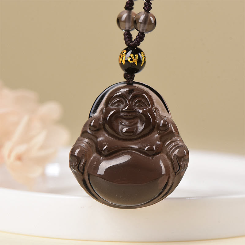KarmaRipple's Authentic Black Obsidian Ice Obsidian Laughing Buddha Purification Pendant Necklace p11