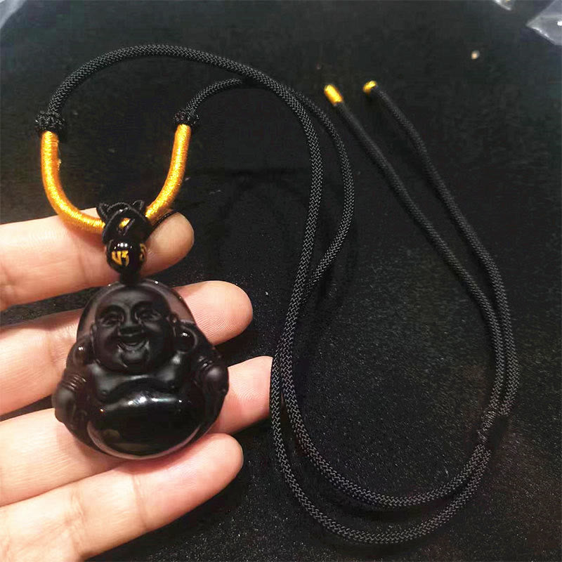 KarmaRipple's Authentic Black Obsidian Ice Obsidian Laughing Buddha Purification Pendant Necklace p24